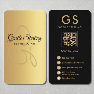 Cartão De Visita Código QR Preto Dourado do Monograma do Estheticis