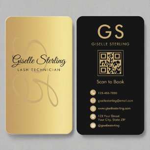 Cartão De Visita Código QR Preto Dourado do Monograma do Técnico La