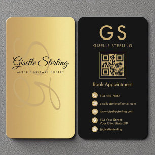 Cartão De Visita Código QR Preto Dourado do Monograma Público Notór