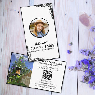 Cartão De Visita Código QR Preto e Branco Profissional 2 Foto Flora