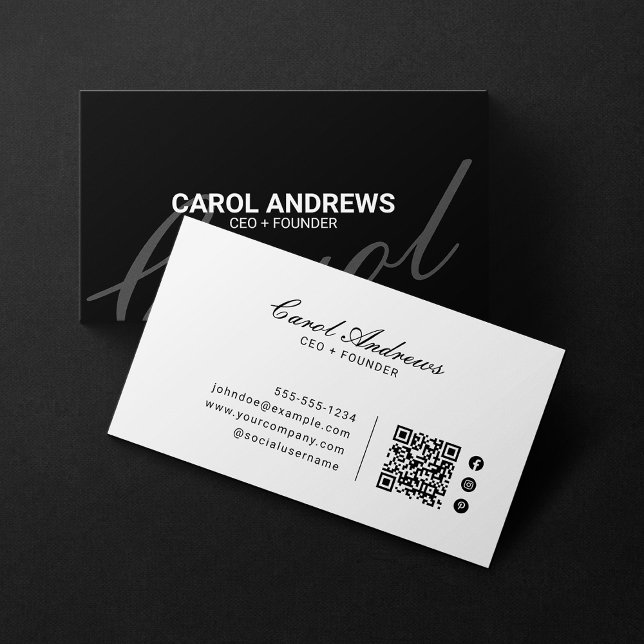 Cartão De Visita Código QR Preto e Branco Simples Elegante e Clássi (Criador carregado)