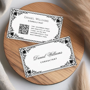 Cartão De Visita Código QR Preto e Branco Vintage Letra Elegante