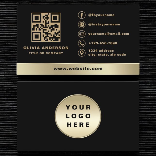 Cartão De Visita Código QR preto Elegante de logotipo Dourado (Criador carregado)