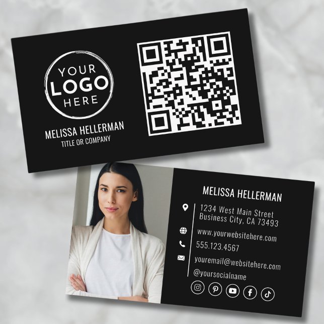 Cartão De Visita Código QR preto Foto profissional moderna Seu logo (Black QR Code Modern Professional Photo Your Logo Business Card)