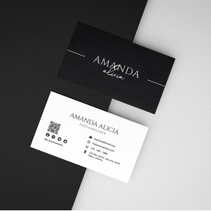 Cartão De Visita Código Qr Preto Mínimo do Fotógrafo Preto-Branco