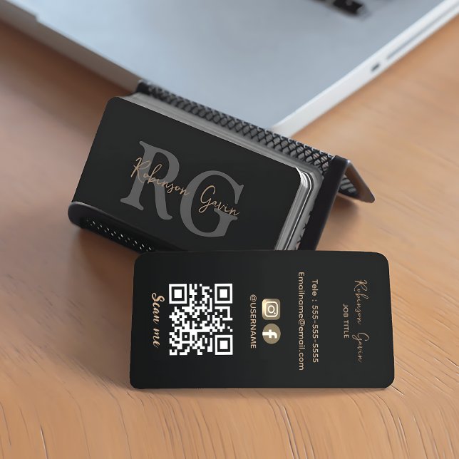 Cartão De Visita Código QR Preto Mínimo do Monograma Elegante (Minimal Elegant Monogram Black QR Code Business Card)