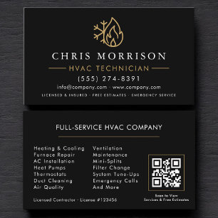 Cartão De Visita Código QR Preto Moderno de HVAC Gold