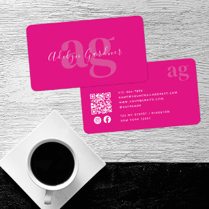 Cartão De Visita Código QR preto Monograma Rosa Quente Script Socia