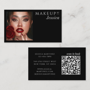 Cartão De Visita Código QR Preto Tipografia Elegante Foto Maquiagem