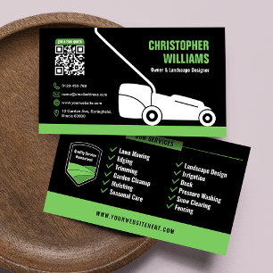 Cartão De Visita Código QR Preto Verde de Paisagismo Moderno