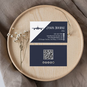 Cartão De Visita Código QR Profissional, Aviação, Azul, minimalista