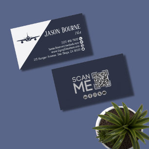 Cartão De Visita Código QR profissional, Aviação,Azul,minimalista