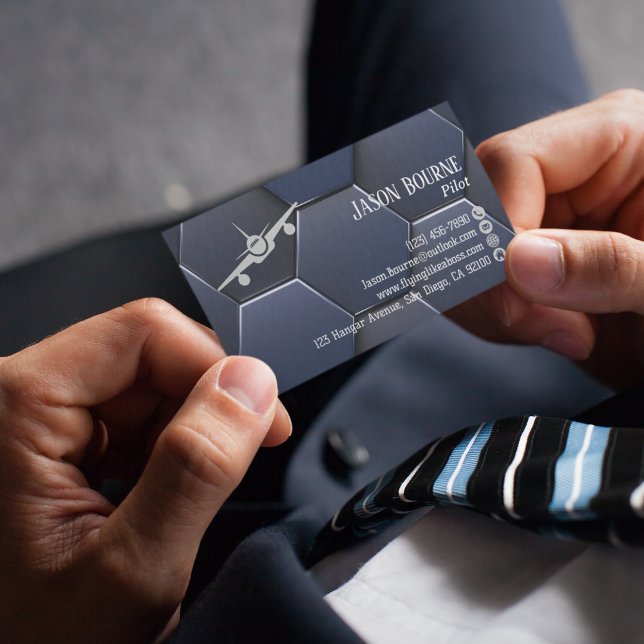 Cartão De Visita Código QR profissional,Aviação, prata azul moderna (Criador carregado)