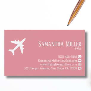 Cartão De Visita Código QR Profissional Aviação Rosa Branco Persona