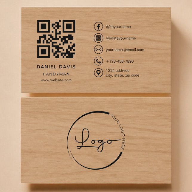 Cartão De Visita Código QR Profissional de Mão de Obra em Madeira (Criador carregado)
