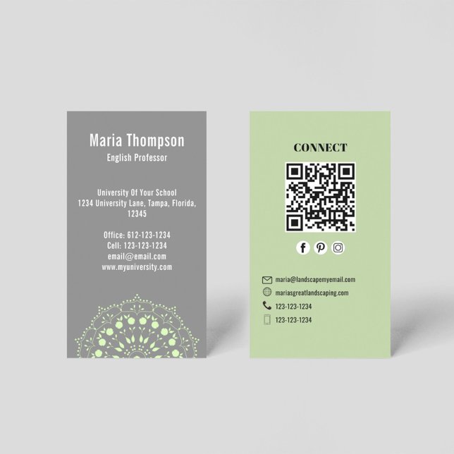 Cartão De Visita Código QR Profissional Moderno Conecte-se Comigo (Green and grey business card with a scannable QR code.)