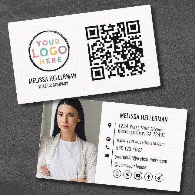 Cartão De Visita Código QR profissional moderno Foto do seu logotip (Modern Professional QR Code Photo Your Logo Business Card)