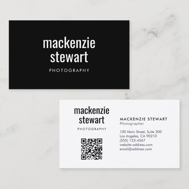 Cartão De Visita Código QR profissional preto moderno (Frente/Verso)