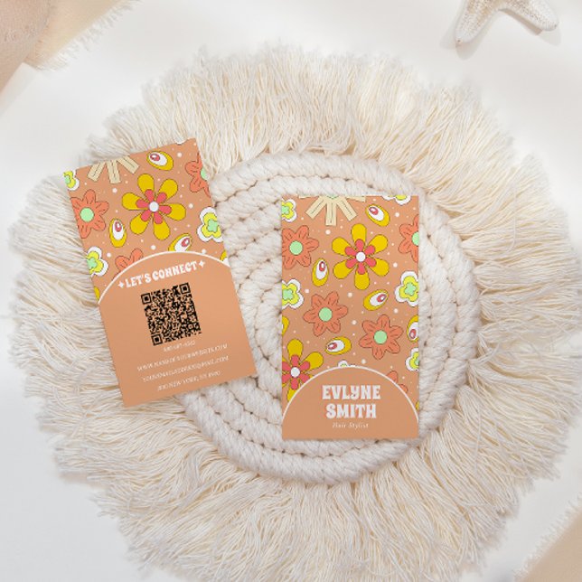 Cartão De Visita Código QR Retro Elegante Groovy Floral Trendy Boho (Criador carregado)