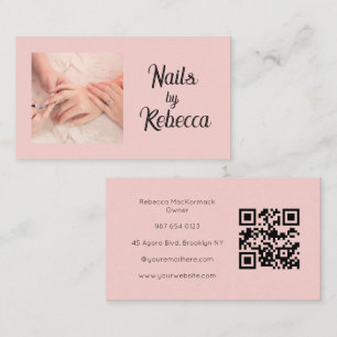 Cartão De Visita Código QR Rosa Bege Foto Script Preto Manicure