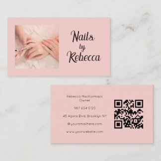 Cartão De Visita Código QR Rosa Bege Foto Script Preto Manicure