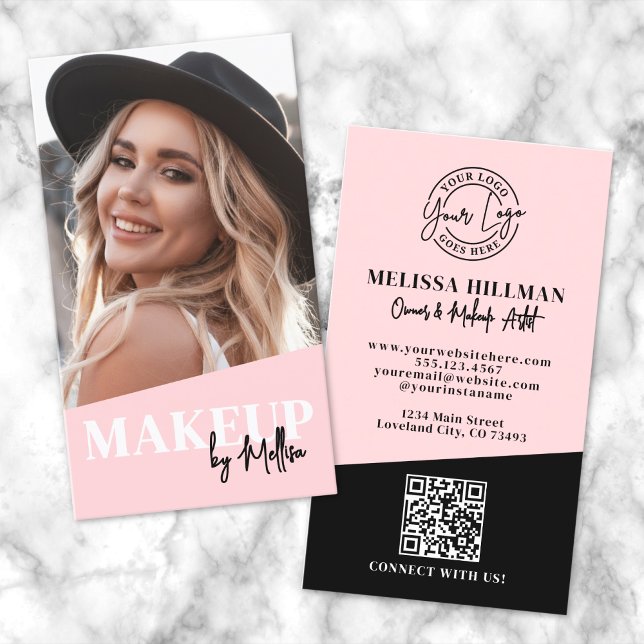 Cartão De Visita Código QR Rosa Blush Logo de Foto de Maquiagem Ver (Blush Pink QR Code Photo Logo Makeup Vertical Business Card)