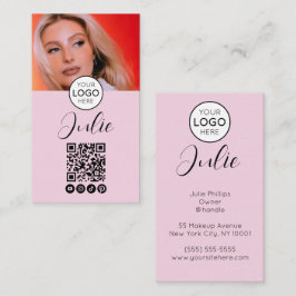 Cartão De Visita Código QR Rosa Claro, Maquiagem de Logo e Foto