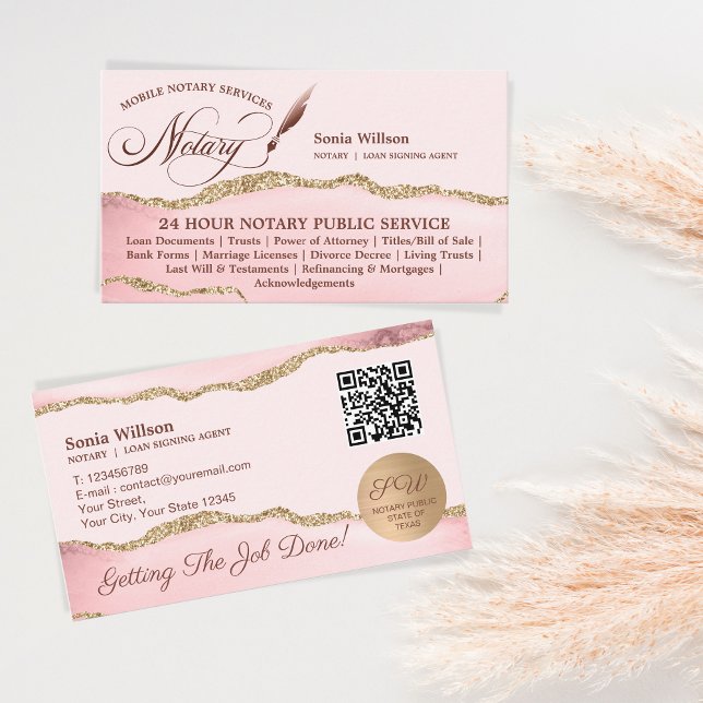 Cartão De Visita Código QR rosa do agente de assinatura de notário  (Criador carregado)