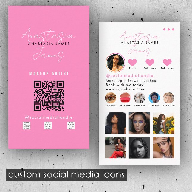 Cartão De Visita Código QR rosa do influenciador de beleza nas mídi (Beauty Influencer Social Media QR Code Pink Business Card)