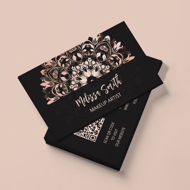 Cartão De Visita Código QR | Rosa Dourado Black Floral Mandala (Criador carregado)