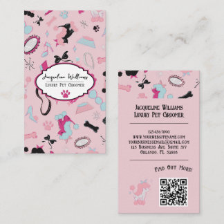Cartão De Visita Código QR Rosa Feminino Pet Groomer III Meados do