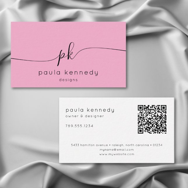 Cartão De Visita Código QR Rosa Mínimo Mínimo do Monograma Moderno (Criador carregado)
