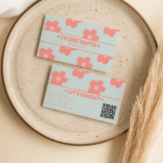 Cartão De Visita Código QR Rosa Pastel Retro Floral Boho Groovy Fem