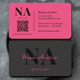 Cartão De Visita Código QR Rosa Quente Estética Luxuosa Monograma T