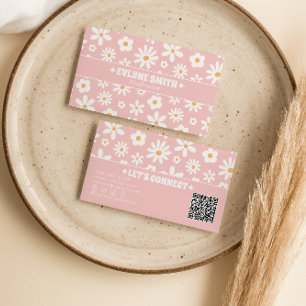 Cartão De Visita Código QR Rosa Retro Floral Boho Groovy Único Femi