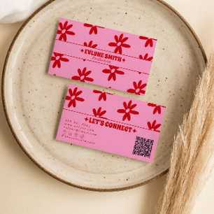 Cartão De Visita Código QR Rosa Retro Vermelho Floral Groovy Femini