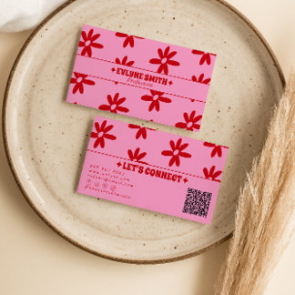 Cartão De Visita Código QR Rosa Retro Vermelho Floral Groovy Femini