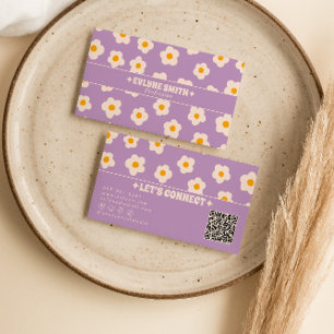 Cartão De Visita Código QR Roxo Branco Retro Floral Descolado Tendê