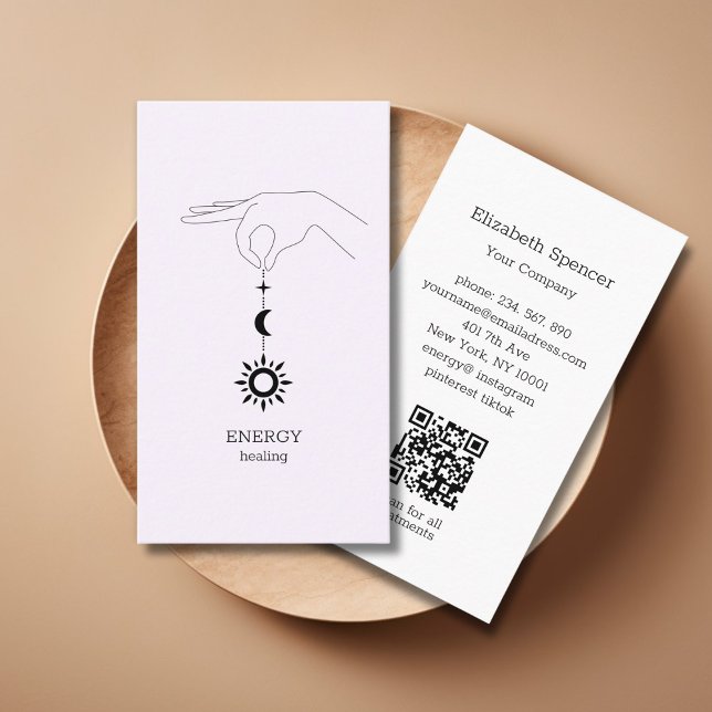 Cartão de Visita Código QR Roxo Claro Sol Lua (Light Purple Hand Sun Moon Illustration QR Code Business Card. Modern Whimsical. )