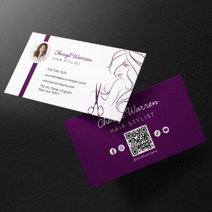 Cartão De Visita Código QR Roxo Foto de Cabeleireiro(a) Moderno e E