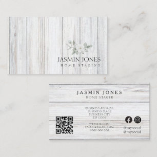 Cartão De Visita Código QR Rústico de Madeira Branco Minimalista Mo