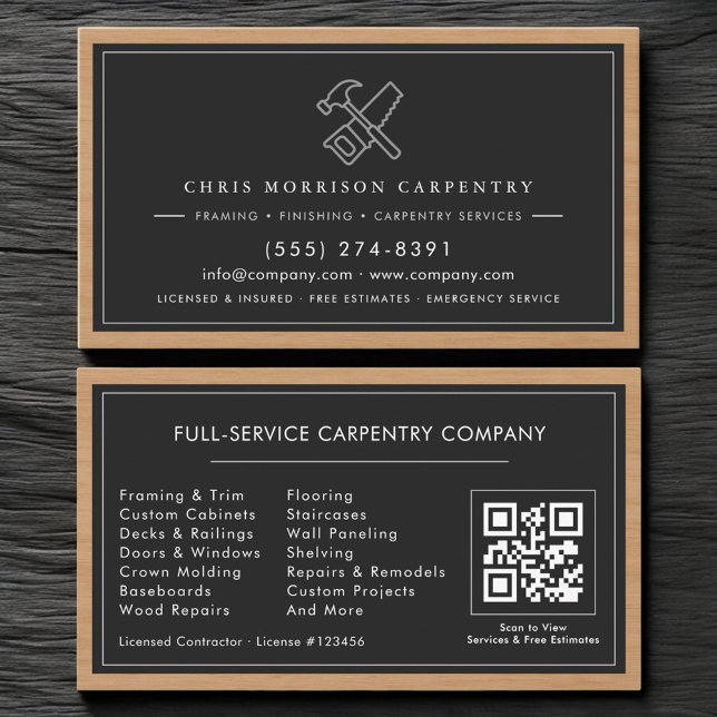 Cartão De Visita Código QR Rústico Serviços de Carpintaria Carpinte (Criador carregado)