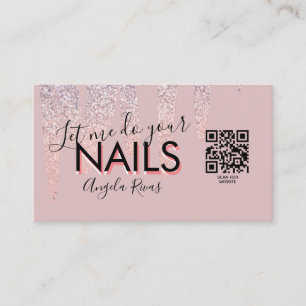 Cartão De Visita Código QR Salão de Unhas Citação Rosa Brilho Drip