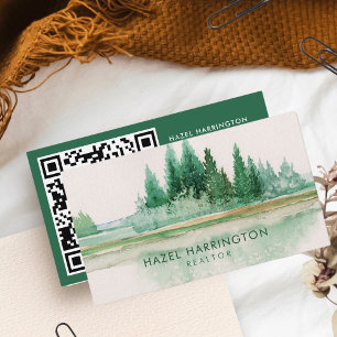 Cartão De Visita Código QR Scannable Lake Watercolor Fora