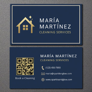 Cartão De Visita Código QR Serviços de Limpeza Azul Marinho Dourado