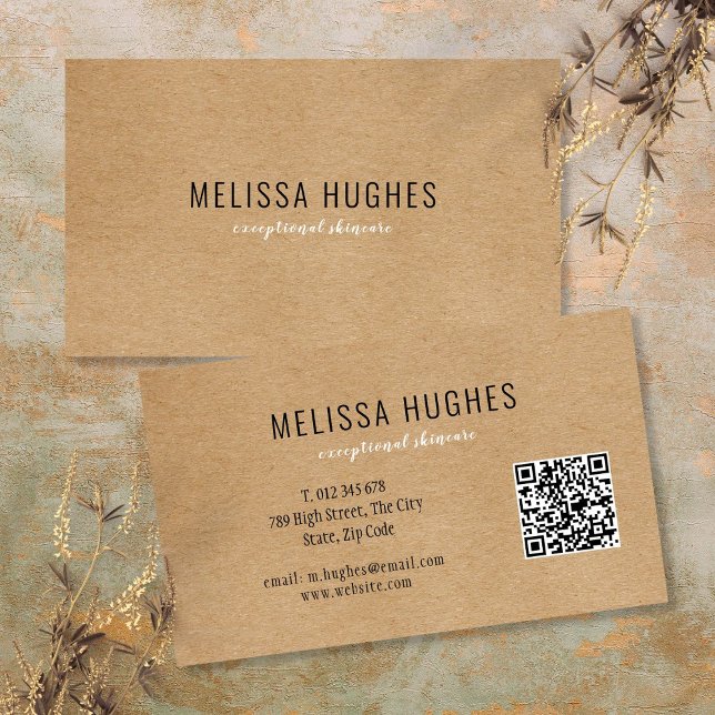 Cartão De Visita Código QR simples da Kraft Rustic Moderna (Simple Modern Rustic Kraft QR Code Business Card)