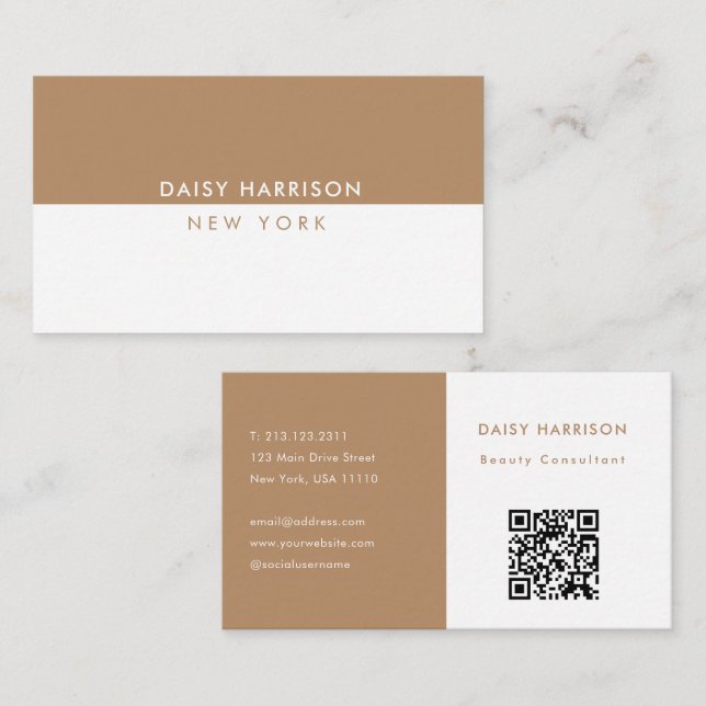 Cartão De Visita Código QR simples mínimo moderno, branco e castanh (Frente/Verso)