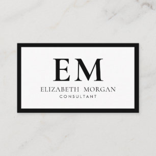 Cartão De Visita Código QR Simples Monograma Branco Preto Moderno