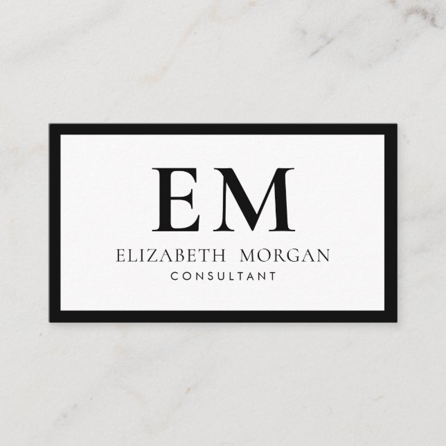 Cartão De Visita Código QR Simples Monograma Branco Preto Moderno (Frente)