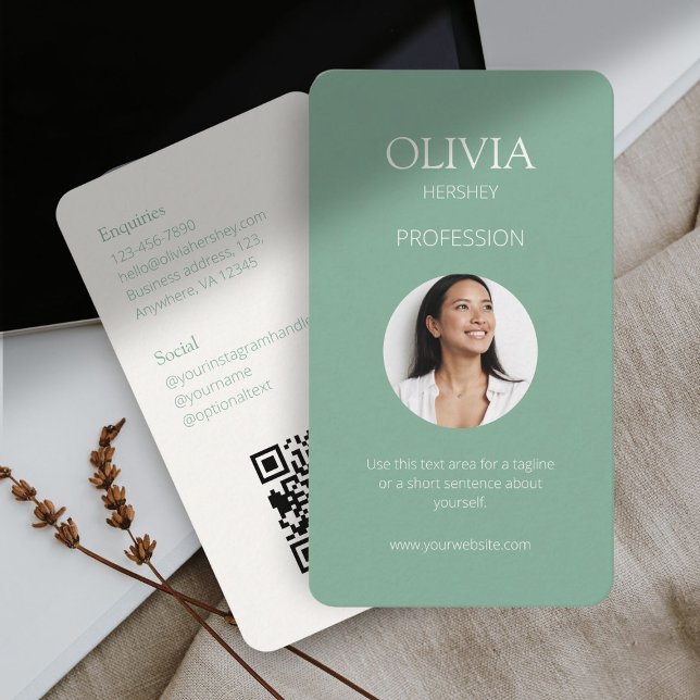 Cartão De Visita Código QR Social de Foto Verde de Seafoam (Criador carregado)